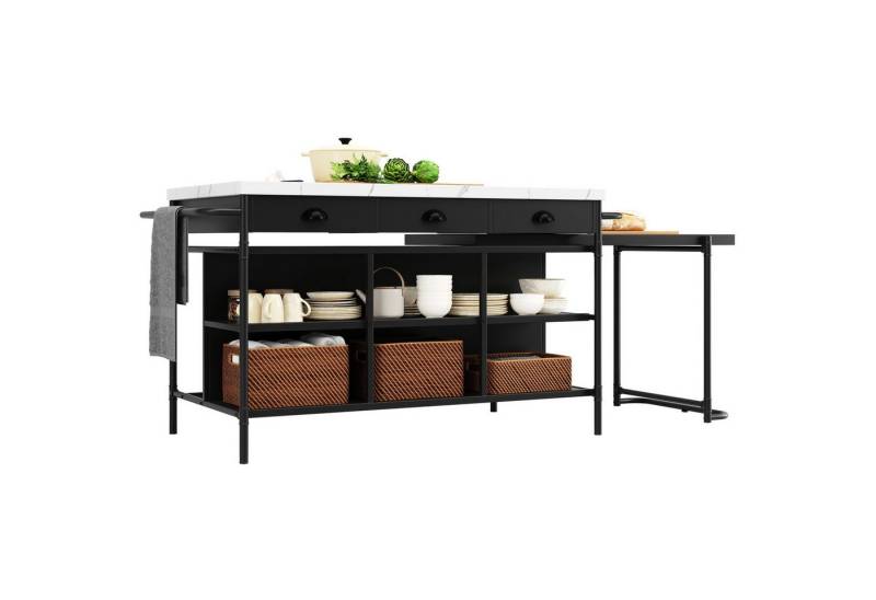Fanttik Bartisch Kücheninseln, Ausziehbarer Bartisch mit Stauraum (Ausziehbare Kunstmarmorplatte mit 3-Schubladen, Multifunktionales Küchen- und Esszimmer-Möbel), Kücheninsel Küchenregal Sideboard,Arbeitsplatte Küche Regal von Fanttik