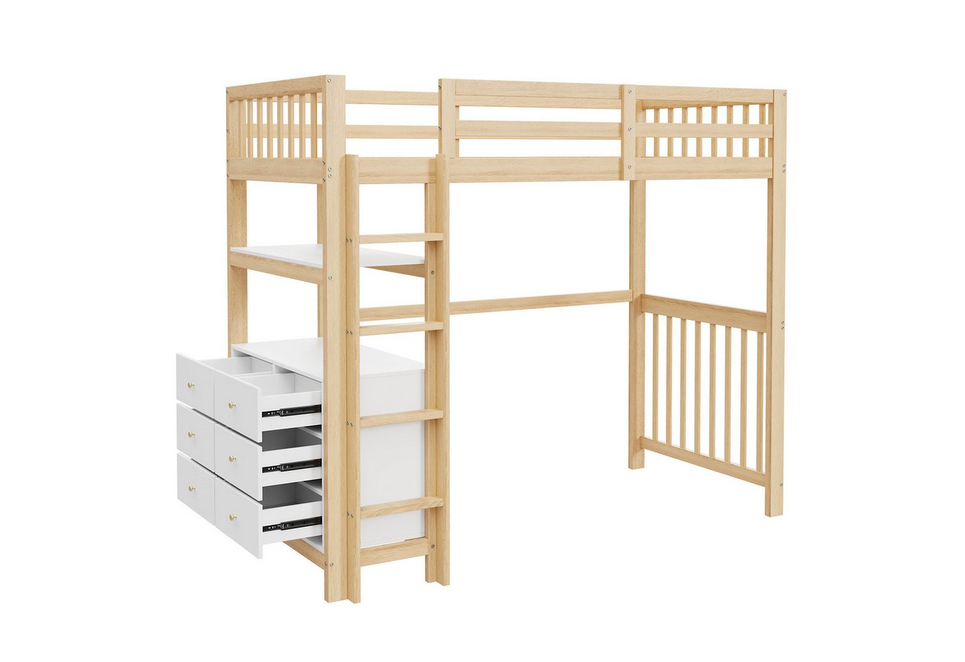 Fanttik Bettgestell Hochbett 90x200 mit Sicherheitsleiter Schubladen & Regalen Kiefernholz von Fanttik