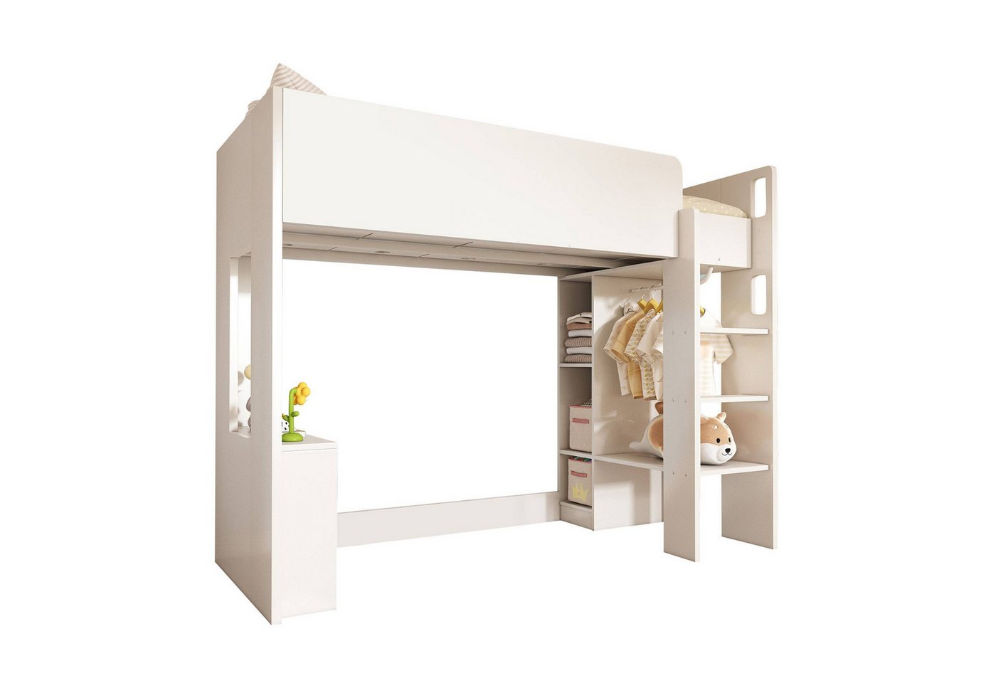 Fanttik Etagenbett Kinder-Hochbett – 90x200 cm, 3-in-1 mit Schrank & Regal, Weiß von Fanttik