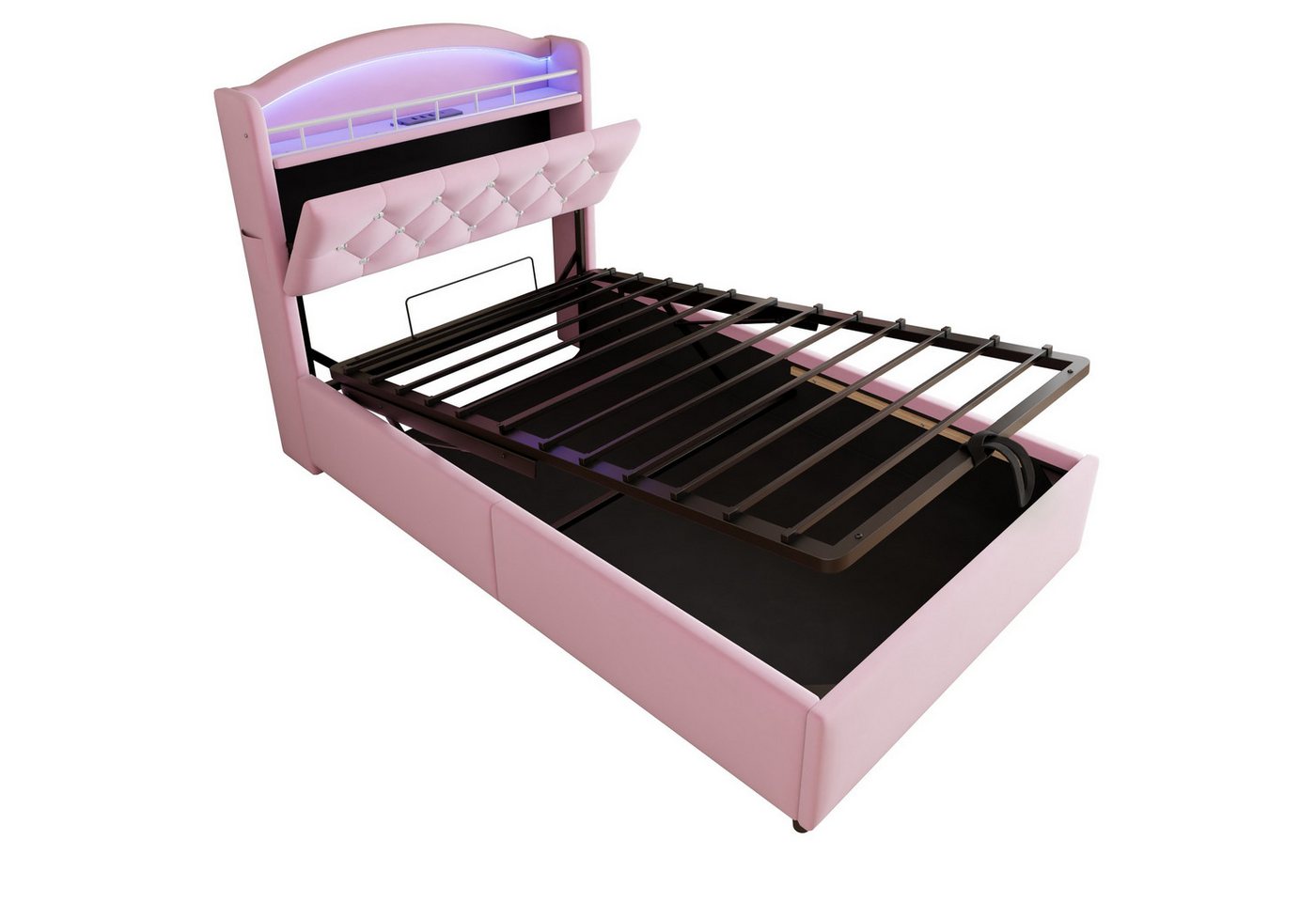 Fanttik Bettgestell Kinder-Polsterbett 90x200 mit Stauraum, LED & USB, Samt von Fanttik