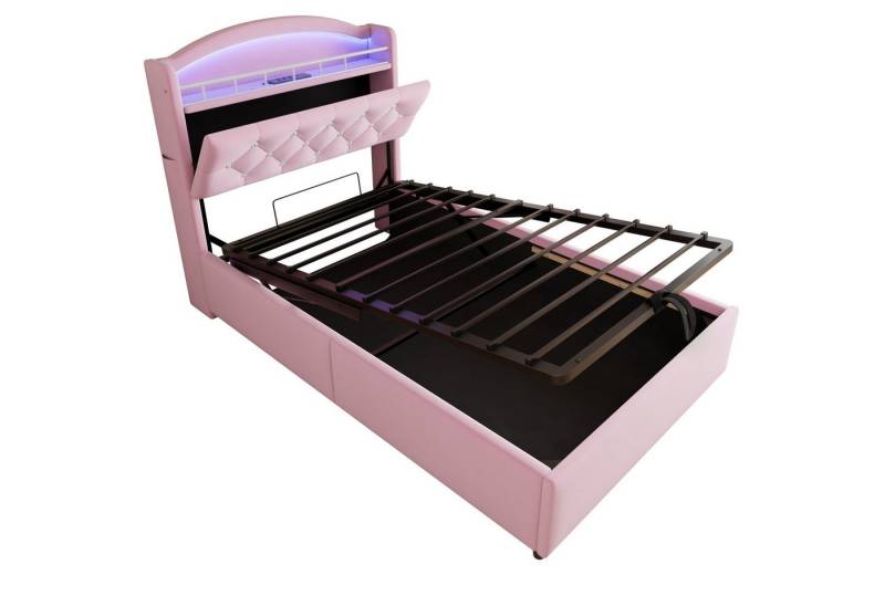 Fanttik Bettgestell Kinder-Polsterbett 90x200 mit Stauraum, LED & USB, Samt von Fanttik