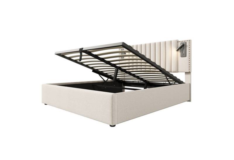 Fanttik Bettgestell Polster-Doppelbett mit Stauraum USB-Leselicht & Nietendesign Baumwolle von Fanttik