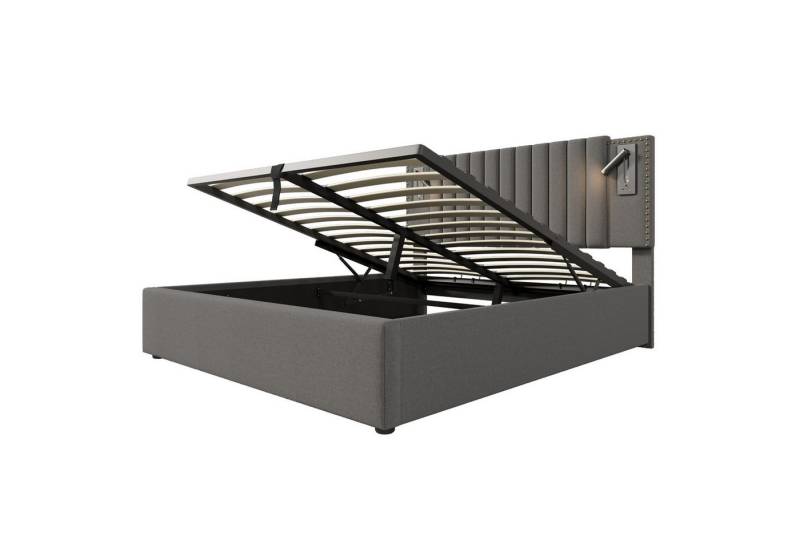 Fanttik Bettgestell Polster-Doppelbett mit Stauraum USB-Leselicht & Nietendesign Baumwolle von Fanttik