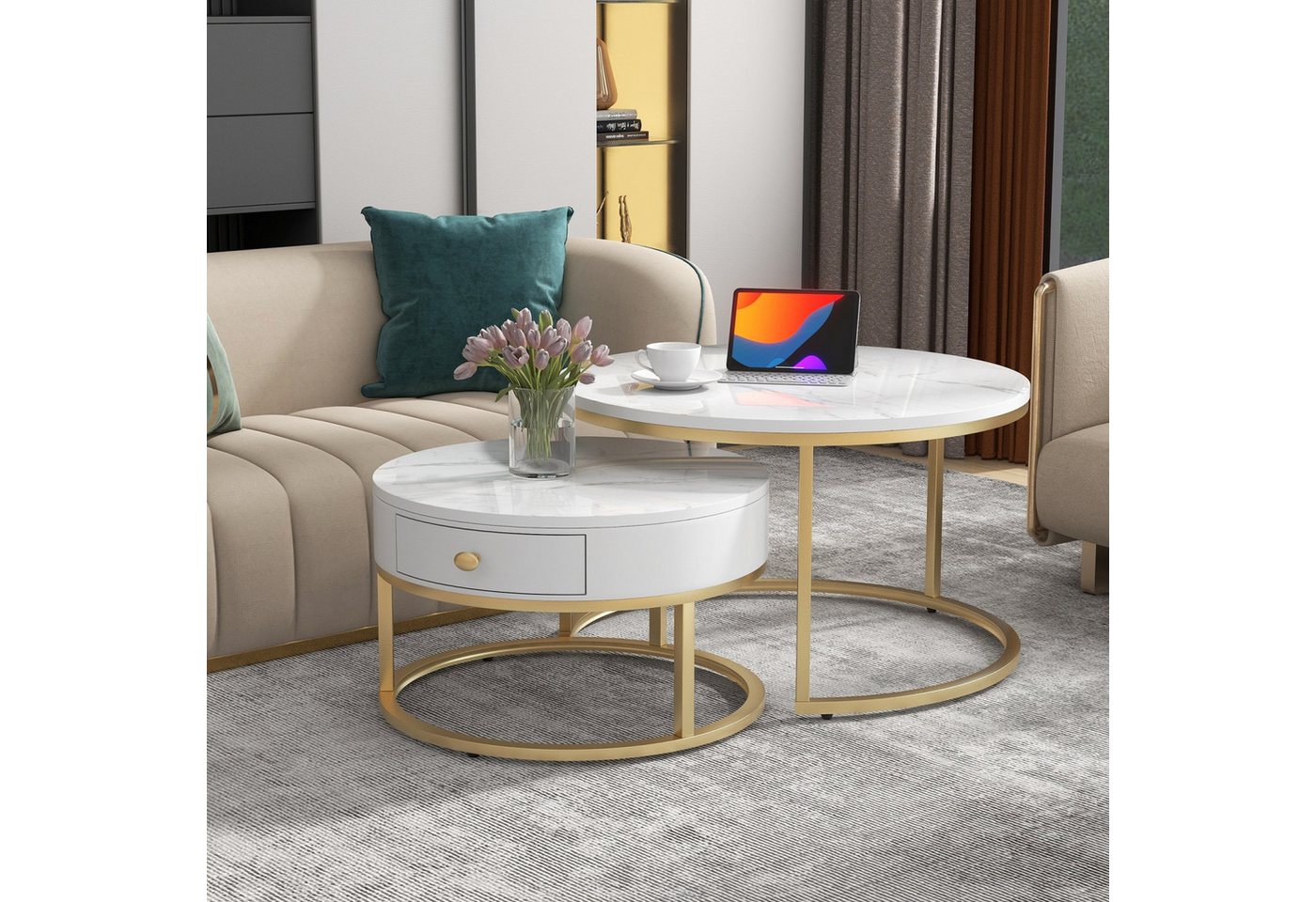 Fanttik Couchtisch 2er-Satztisch Beistelltisch stapelbarer Sofatisch Nested Beistelltisch (2-St., Stabiler Eisenrahmen & leicht zu reinigende MDF-Tischplatte), Ideal für Wohnzimmer & Büro, Platzsparendes stapelbares Design von Fanttik