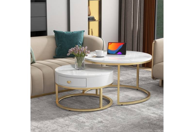 Fanttik Couchtisch 2er-Satztisch Beistelltisch stapelbarer Sofatisch Nested Beistelltisch (2-St., Stabiler Eisenrahmen & leicht zu reinigende MDF-Tischplatte), Ideal für Wohnzimmer & Büro, Platzsparendes stapelbares Design von Fanttik