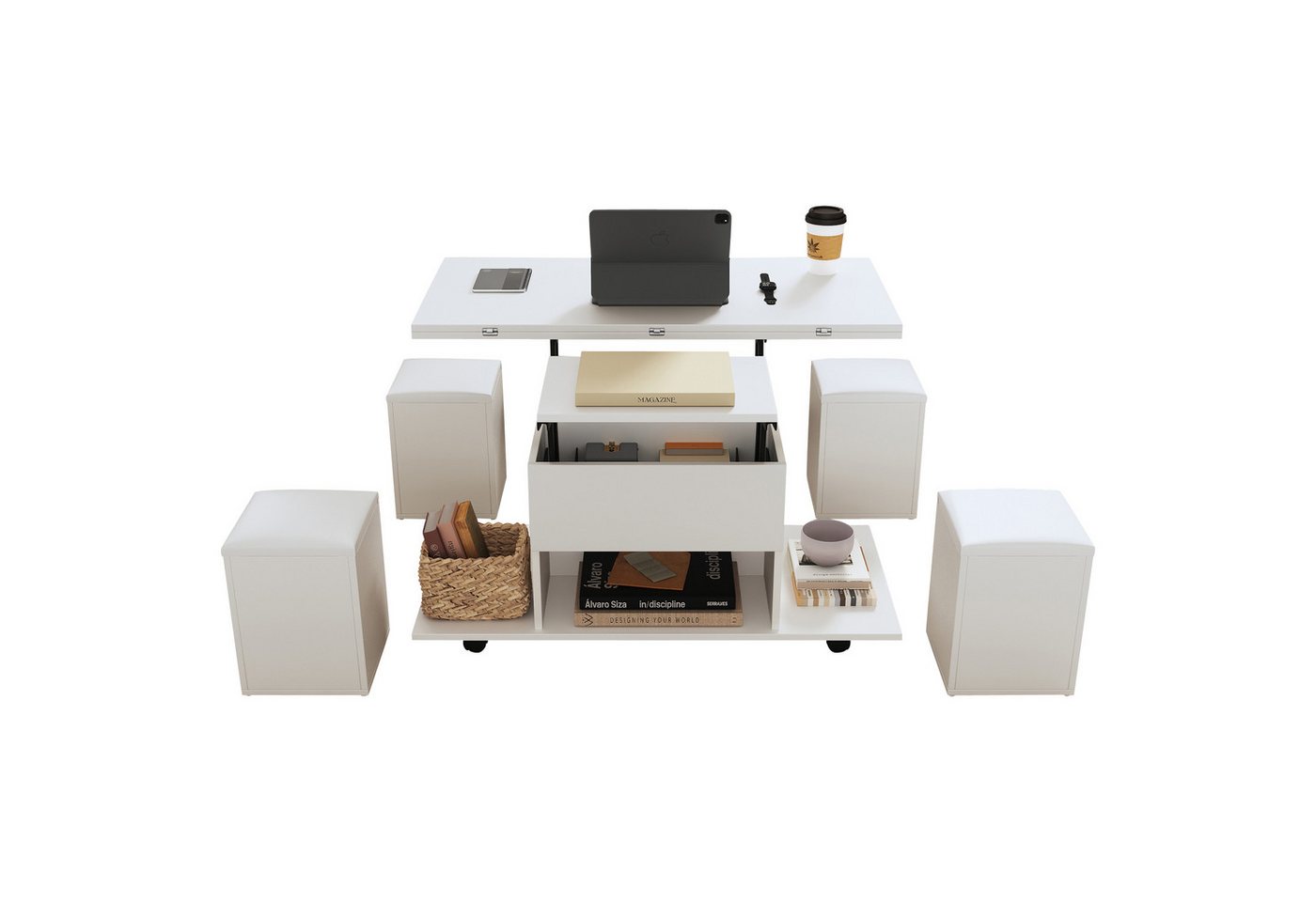 Fanttik Couchtisch Anhebbarer multifunktionaler Couchtisch Sofatisch Multifunktionstisch (5 set, 1Tisch und 4 Hocker), Breite 100 cm von Fanttik