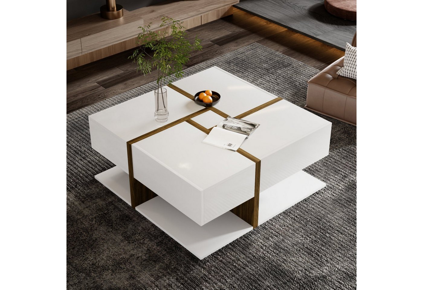 Fanttik Couchtisch Hochglanz-Couchtisch, Tisch mit 4 Schubladen, (Wohnzimmertisch Beistelltisch,4 Schubladen), Teetisch,Stauraum unten. 78*78*36cm von Fanttik