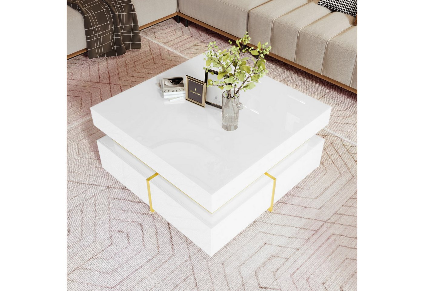 Fanttik Couchtisch Hochglanz mit Schubladen, Beistelltisch mit geometrische Design (Set, 1 Tisch), Breite 70 cm von Fanttik