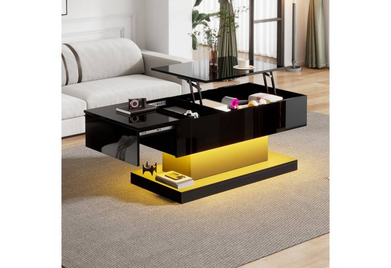 Fanttik Couchtisch Kaffeetisch mit LED-Beleuchtung,Hochglanz-Lift-Teetisch (1er Set, 1-St., Lift-Teetisch mit LED-Beleuchtung), 100x50x45 cm Kaffeetisch mit hydraulischer Lift und Stauraum von Fanttik