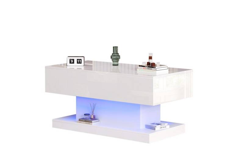 Fanttik Couchtisch Kaffeetisch mit LED-Beleuchtung,Hochglanz-Lift-Teetisch (1er Set, 1-St., Lift-Teetisch mit LED-Beleuchtung), 100x50x45 cm Kaffeetisch mit hydraulischer Lift und Stauraum von Fanttik