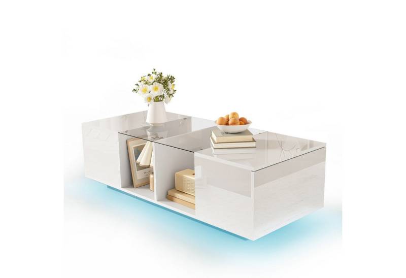 Fanttik Couchtisch Moderner Couchtisch mit LED-Beleuchtung, mit Stauraum, (hochglänzender Tischplatte, 120 x 50 x 38,5 cm), LED-Beleuchtung mit 16 Farben,Couchtisch mit Glasplatte von Fanttik