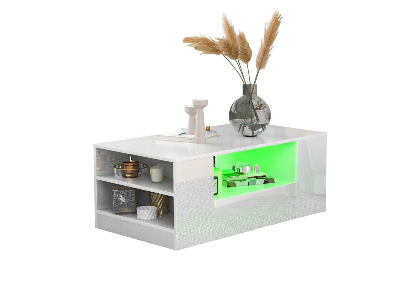 Fanttik Couchtisch Moderner Couchtisch mit LED-Beleuchtung (Hochglanz Wohnzimmermöbel 2 Schubladen), 2 Regalsofa Couchtisch Beistelltisch (95 x 53 x 37cm) von Fanttik