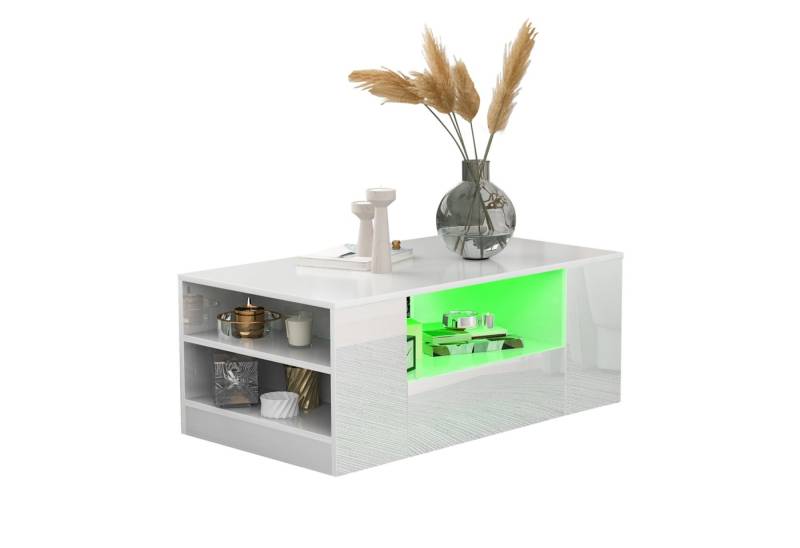 Fanttik Couchtisch Moderner Couchtisch mit LED-Beleuchtung (Hochglanz Wohnzimmermöbel 2 Schubladen), 2 Regalsofa Couchtisch Beistelltisch (95 x 53 x 37cm) von Fanttik