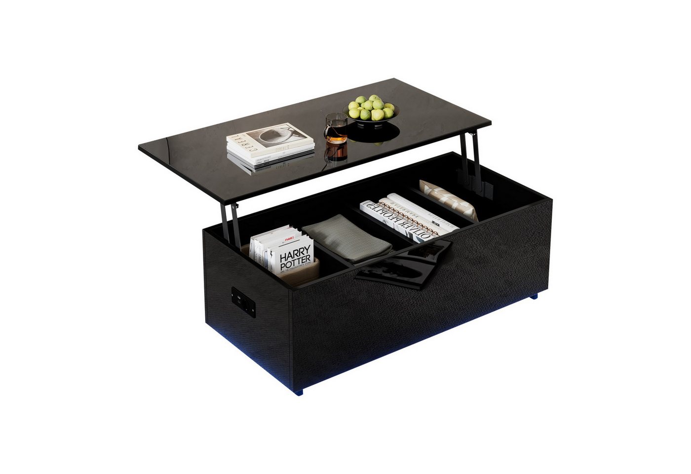 Fanttik Couchtisch Moderner Hochglanz-Couchtisch mit LED-Beleuchtung (und verstecktem Stauraum), Hydraulisch hebbarer Beistelltisch 100*50*35 cm, Tragkraft 40 kg von Fanttik