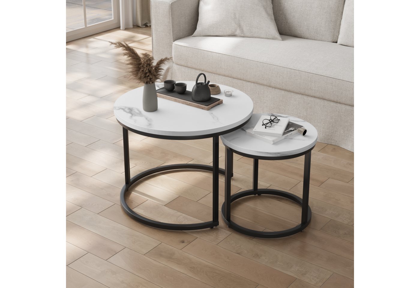 Fanttik Couchtisch Runder Couchtisch 2er Set Satz Kaffeetisch Beistelltisch (2er Set Beistelltisch Loft Design 2in1 Verschachtelung), eeignet für Wohnzimmer, Schlafzimmer, Höfe, Büros, kleine Raum versch von Fanttik