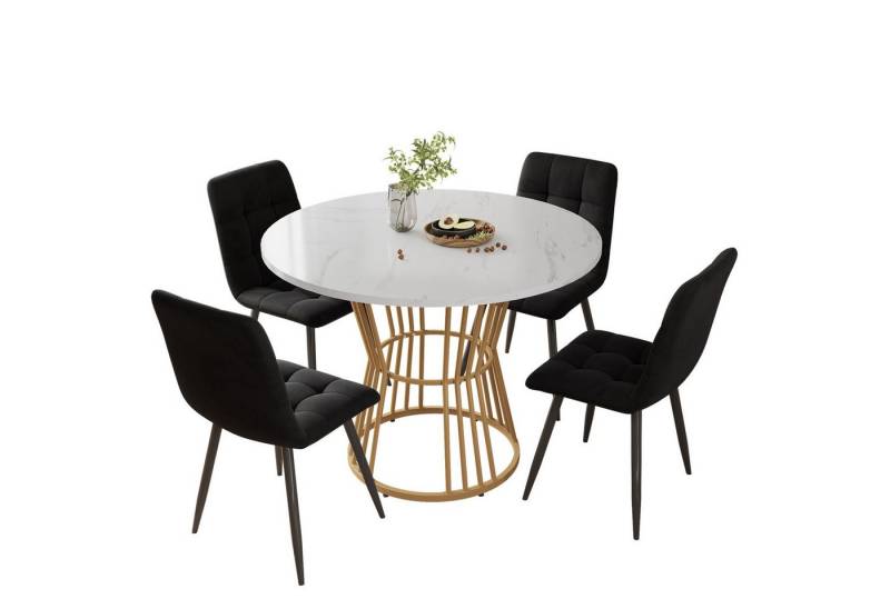 Fanttik Essgruppe Esstisch-Set (5-teilig), Esstisch-Set mit 4 Stühlen,Küchentisch-Set, (Runder Esstisch mit 4 Stühlen Set Küchetisch Esszimmerstuhl Samt), Esstisch+4 Esstischstuhl mit Rückenlehnen und grauen Polstern von Fanttik