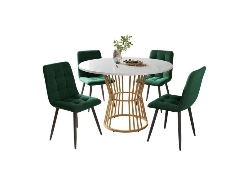 Fanttik Essgruppe Esstisch-Set (5-teilig), Esstisch-Set mit 4 Stühlen,Küchentisch-Set, (Runder Esstisch mit 4 Stühlen Set Küchetisch Esszimmerstuhl Samt), Esstisch+4 Esstischstuhl mit Rückenlehnen und grauen Polstern von Fanttik