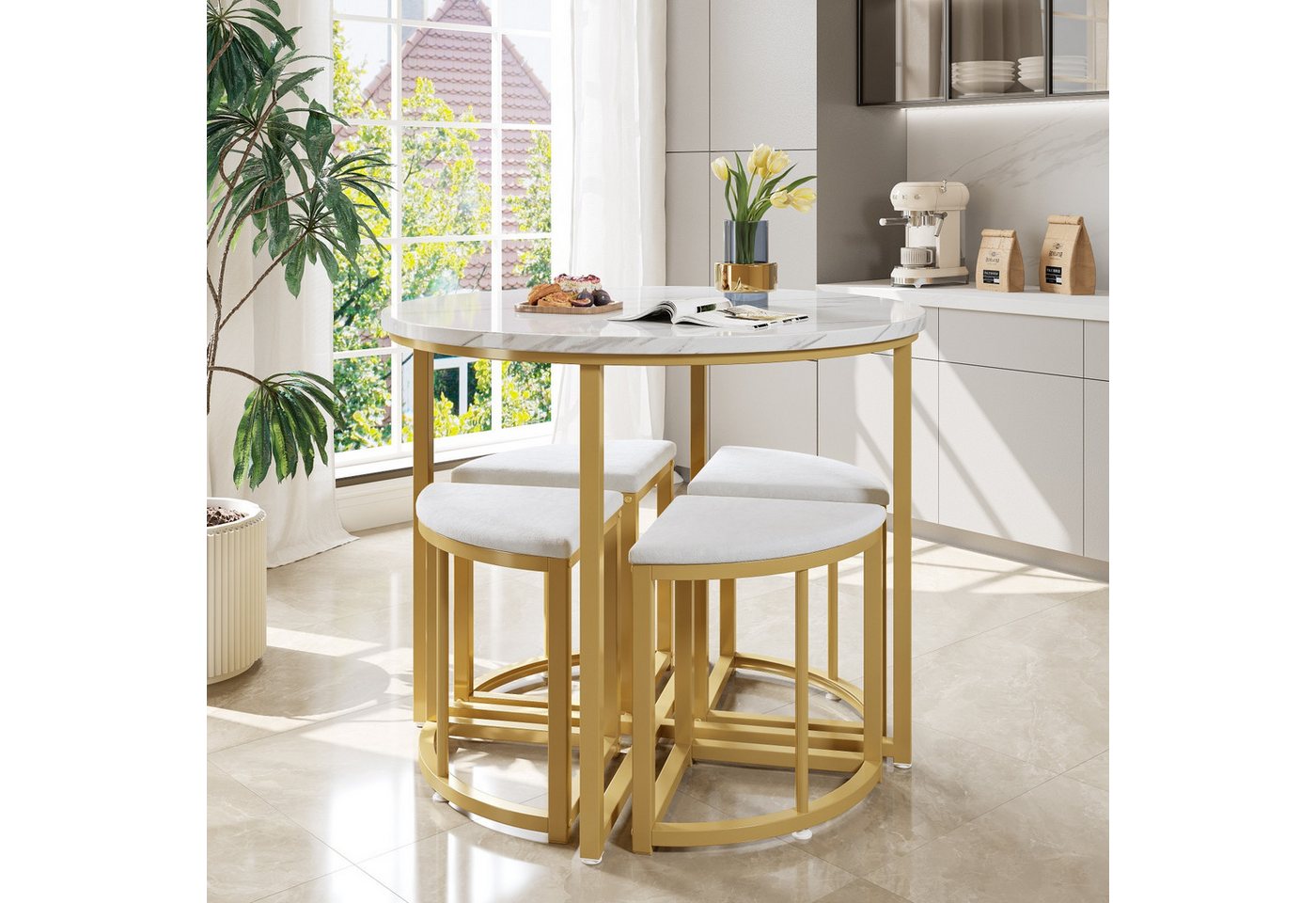Fanttik Essgruppe Esstisch mit 4 Stühlen, Esszimmertisch-Set, (Essgruppe mit MDF-Tischplatte und vergoldeten Eisenrahmen, Samtstuhl), stühle für 4 Personen zum komfortablen Essen, ideal für kleine Räume. von Fanttik
