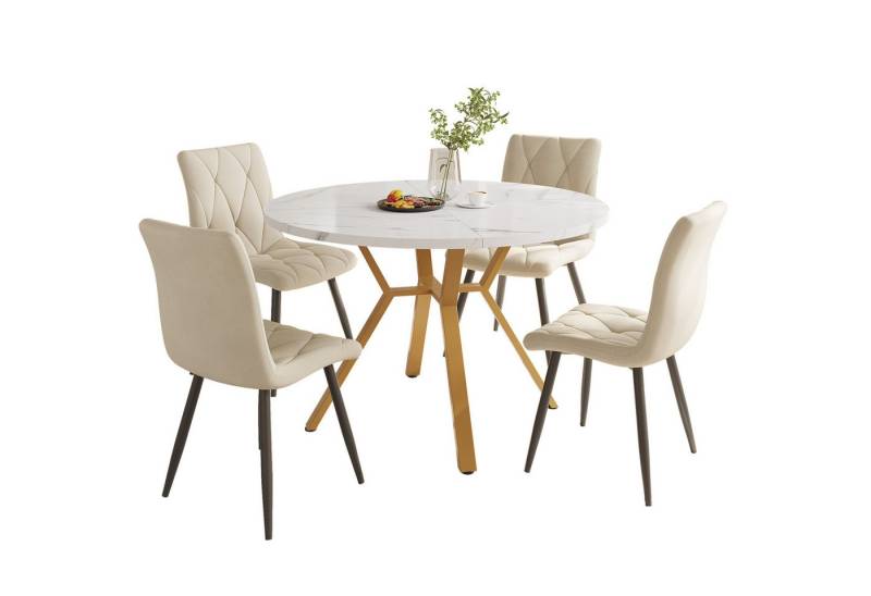 Fanttik Essgruppe Küchentisch-Set, (5-teilig), Esstisch-Set mit 4 Stühlen, (Set), Modernes, schlichtes, rundes Esstisch- und Stuhlset aus Marmor von Fanttik