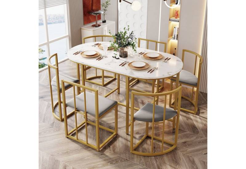 Fanttik Essgruppe Moderne Esstisch,Esszimmertisch und Stuhlset,Esszimmer-Set, (Sechs-Stuhl Esstischset, Weißer Tisch, Esstisch+6 Esstischstuhl mit Rückenlehnen), Essgruppe 7-tlg, Esstischkombination für Küche und Esszimmer von Fanttik