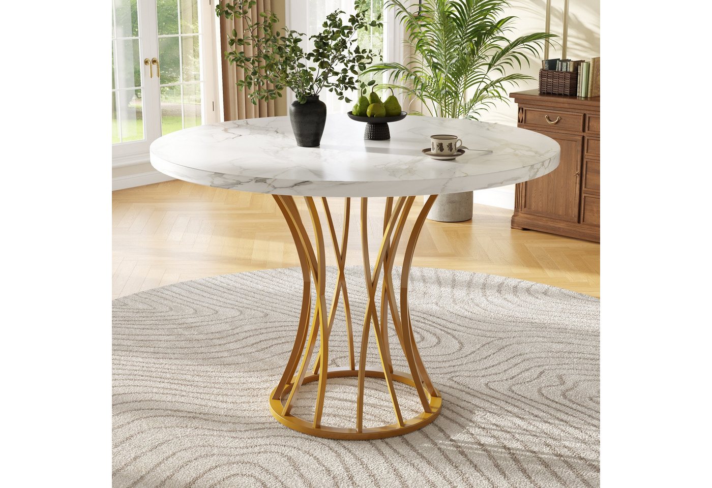 Fanttik Essgruppe Runder Küchentisch,Tisch für 4-6 Personen, (80 x 80 x 76 cm leichter und luxuriöser runder), geeignet für Esszimmer und Wohnzimmer, MDF marmorierte Tischplatte von Fanttik