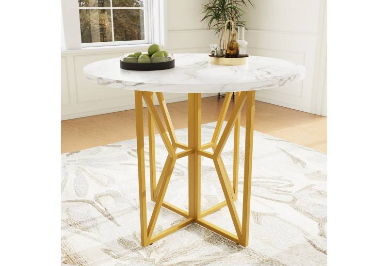 Fanttik Esstisch Runder Esstisch 80 x 80 x 76 cm (leichter und luxuriöser runder Tisch für 4-6 Personen, geeignet für Esszimmer und Wohnzimmer), goldene Beine, marmorierte Tischplatte aus MDF von Fanttik