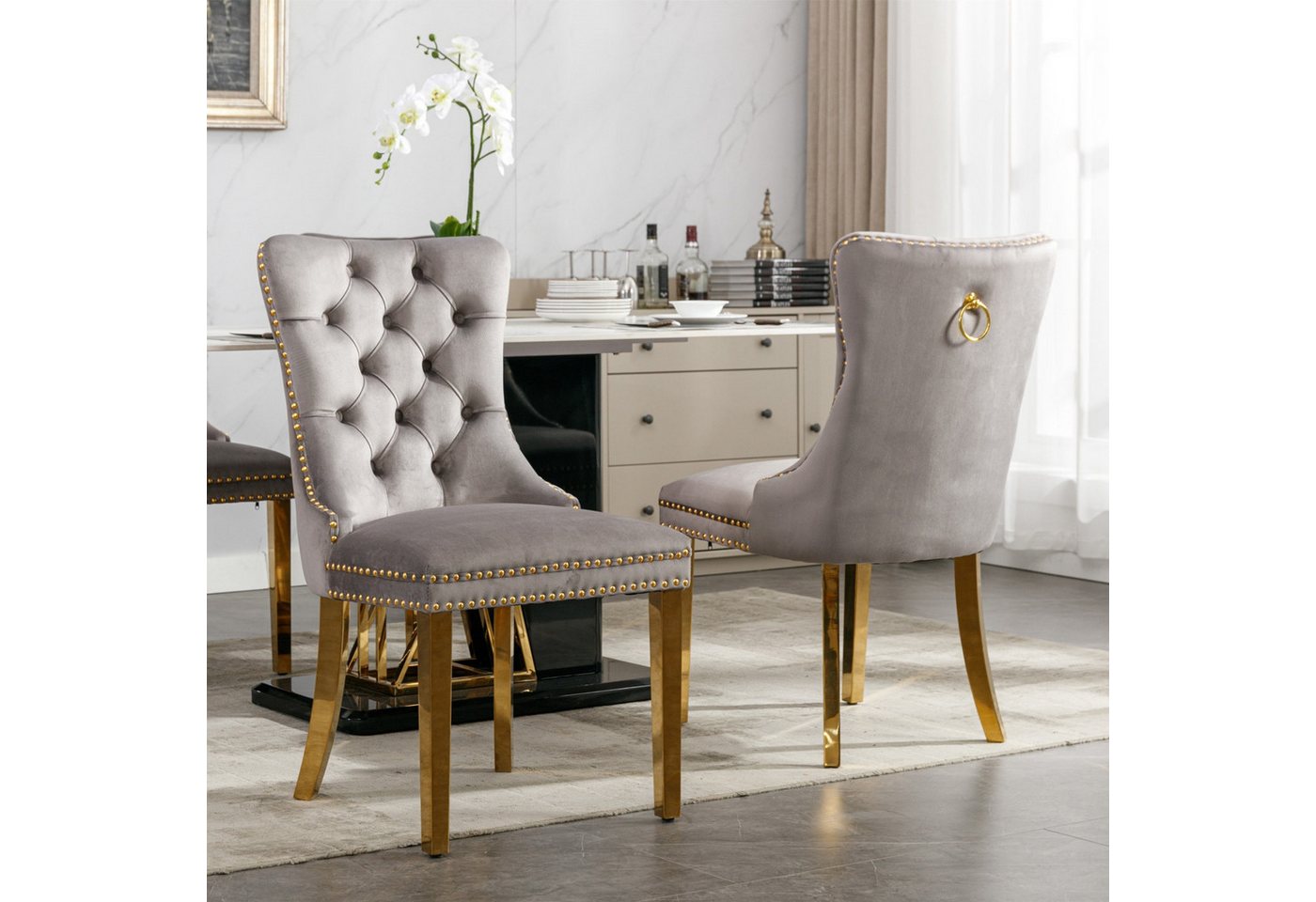 Fanttik Esszimmerstuhl Esszimmerstühle 2er-Set, Küchenstuhl, Polsterstuhl, (Küchenstuhl mit einzigartigem Runde Zugringe auf der Rückseite), mit Samtbezug Küchenstuhl für Esszimmer Wohnzimmer von Fanttik