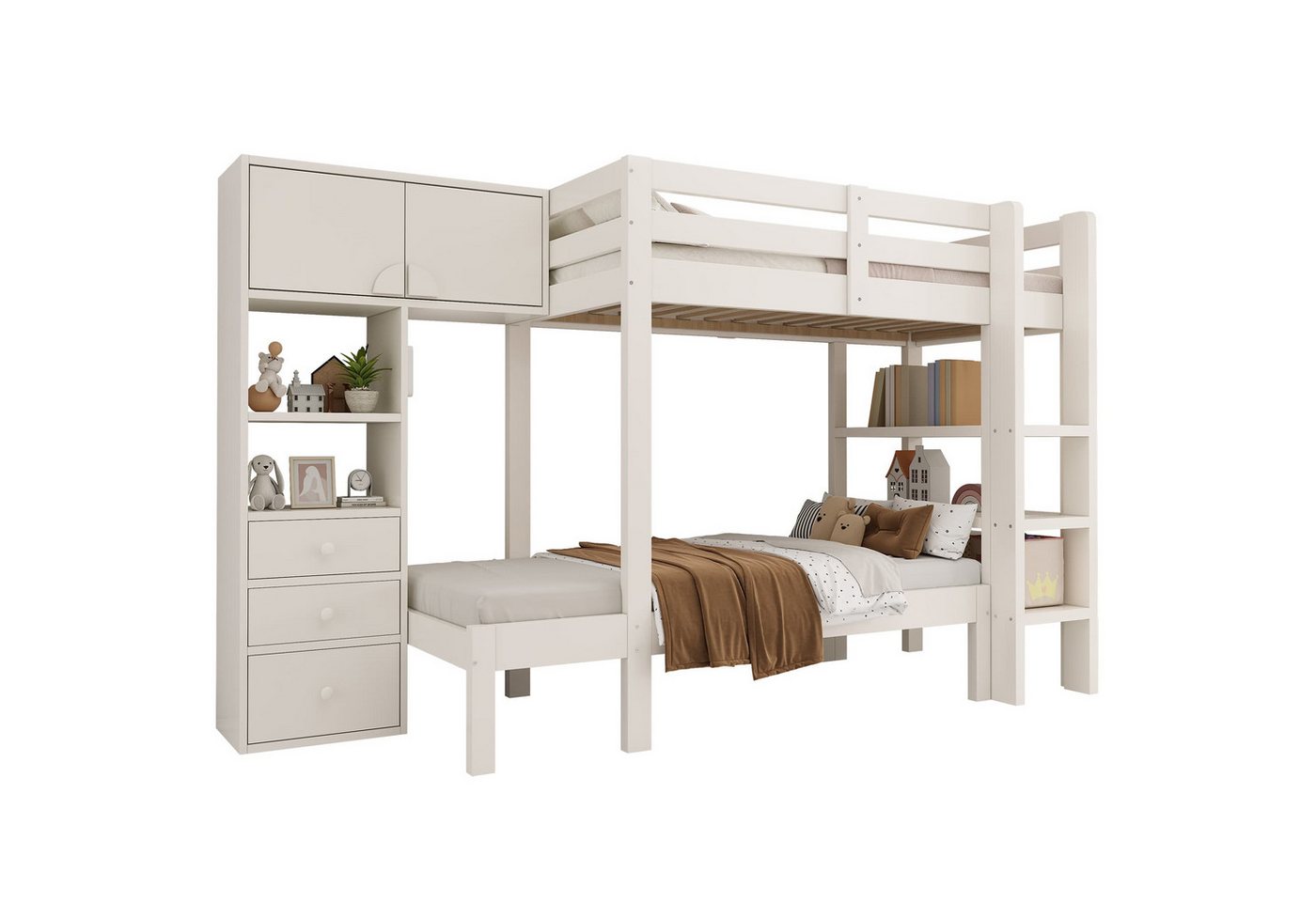 Fanttik Etagenbett Etagenbett 90x200 cm mit intelligentem Nachtlicht, mit Schrank (Set, Bett), mit Regal & Schubladen, Großzügiger Stauraum von Fanttik