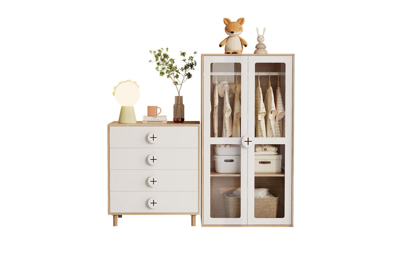 Fanttik Garderoben-Set Kleiderschrank, Kombinationskleiderschrank, Kleiderschrank + Kommode, (Set), imromantischen Landhausstil von Fanttik