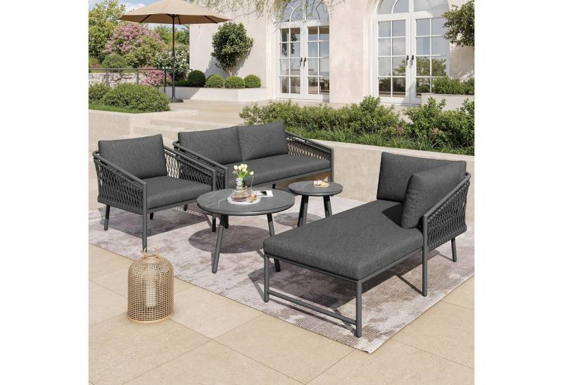 Fanttik Gartenlounge-Set Garten Lounge Set, Seil Gartenmöbel Set,Gartensofa, (1 2-Sitzer-Sofa, 2 runde Tische, 1 Sofasessel und 1 Einzelsessel, Inklusive Aller Sitz- Und Rückenkissen), Modernes Outdoor Sofa Set Balkonset, Garten Und Terrasse von Fanttik