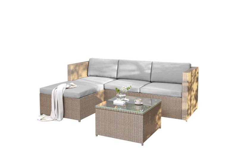 Fanttik Gartenlounge-Set Polyrattan Lounge-Sofagarnitur, Lounge-Gartenmöbel, Ecksofa, (Couchgarnitur mit Sitz- und Rückenkissen, Lounge-Tisch mit Glasplatte), Wetterfeste Lounge-Set für 4-5 Personen für den Garten von Fanttik