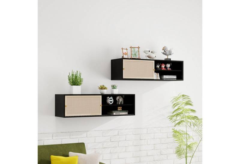 Fanttik Hängeschrank Wandschrank Schiebetüren nach links und rechts, Rattangeflecht von Fanttik