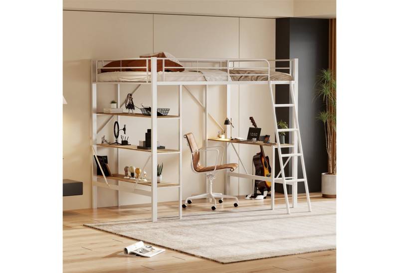 Fanttik Hochbett 90x200 cm Bettgestell Metallbett mit Schreibtisch und Ablagen für Kinder, Jugendliche von Fanttik
