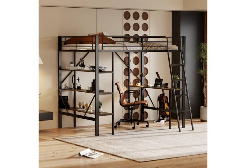 Fanttik Hochbett 90x200 cm Bettgestell Metallbett mit Schreibtisch und Ablagen für Kinder, Jugendliche von Fanttik