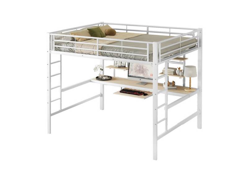 Fanttik Hochbett Bettgestell Metallbett,140*200cm,mit Schreibtisch und 2 Bücherregalen (Eisenbett, Hochbett für Kinder, Jugendliche und Erwachsene) Geeignet für Studentenwohnheime, Wohnungen und Kinderzimmer von Fanttik