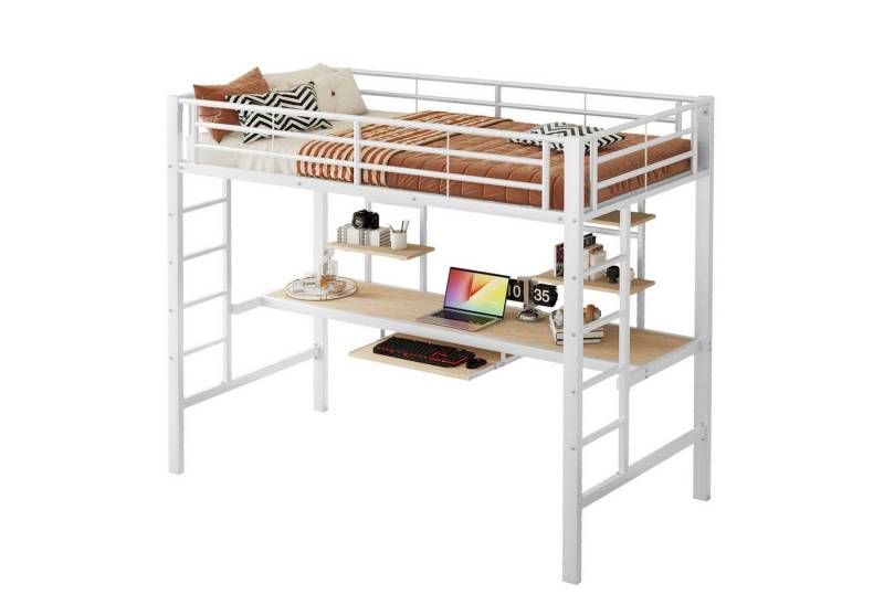 Fanttik Hochbett Bettgestell Metallbett,90*200cm,mit Schreibtisch und 2 Bücherregalen (Hochbett, Bettgestell Metallbett, Eisenbett) für Kinder, Jugendliche und Erwachsene von Fanttik