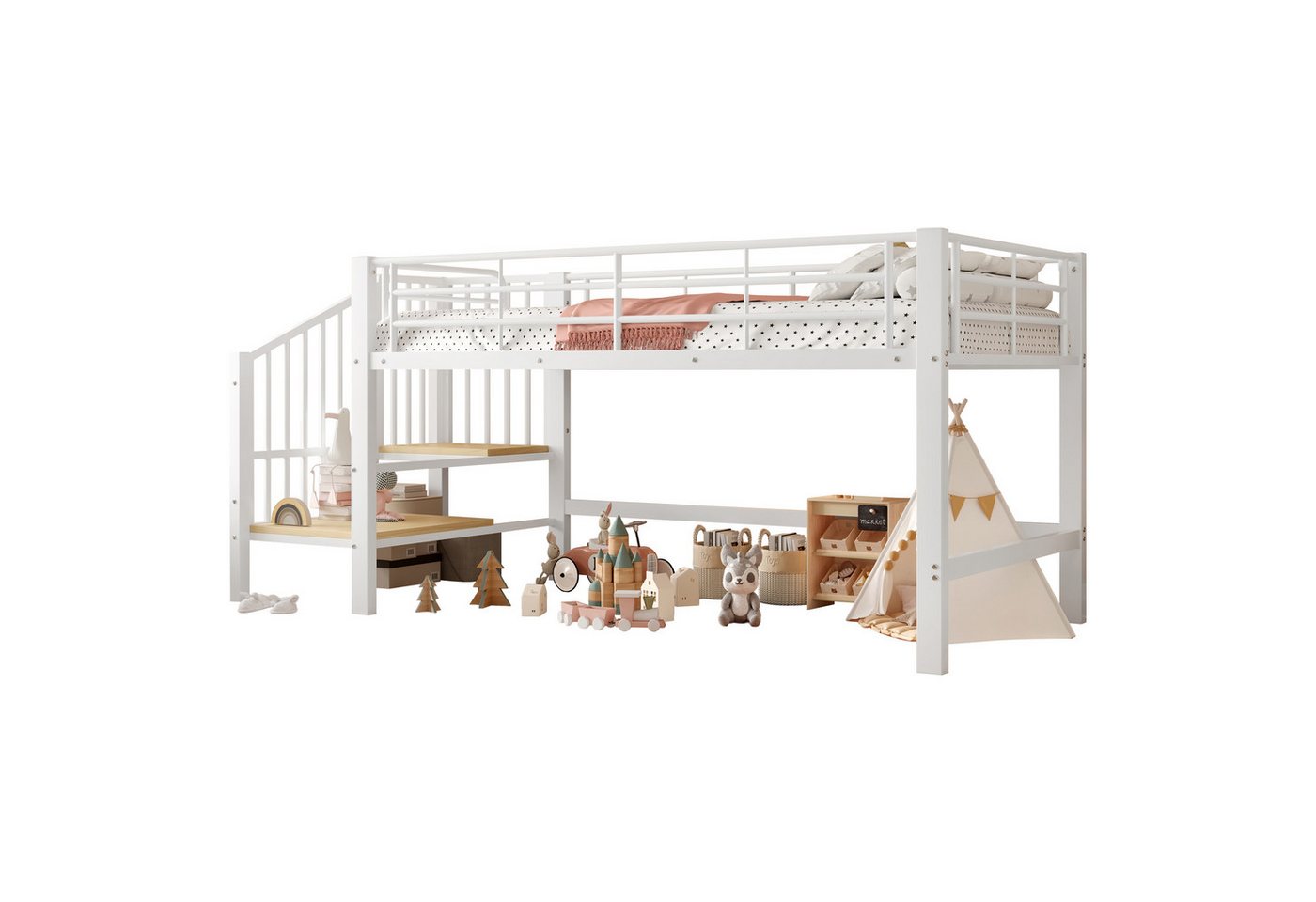 Fanttik Hochbett mit Stauraumtreppe (Set, Bett) erschiedene Ausführungen wahlweisemit Matratze von Fanttik