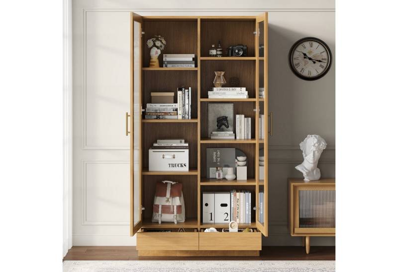 Fanttik Hochschrank Glasvitrine Vitrine mit Glastüren und LED-Beleuchtung, 80×46×160 cm (Set) nicht verstellbare Fachböden, grifflose Push-To-Open-Schubladen von Fanttik