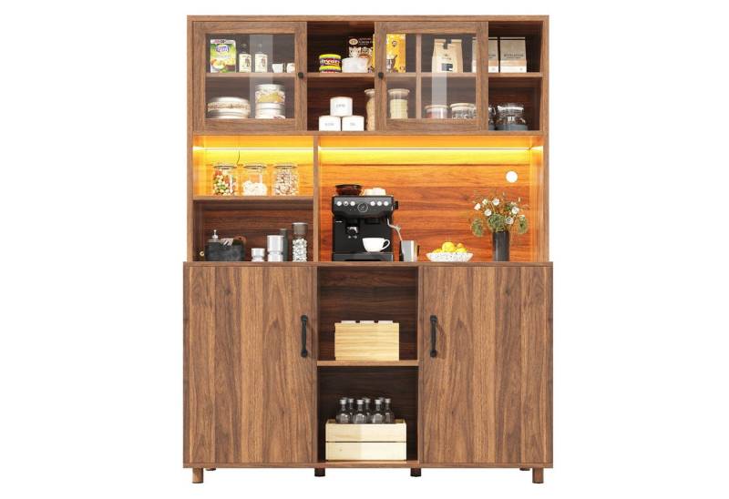 Fanttik Hochschrank Küchenbuffet mit LED-Beleuchtung und verstellbaren Einlegeböden (Set, 1er Set) mit Schubladen Schranktür mit Snackablage,Retro-Stil von Fanttik