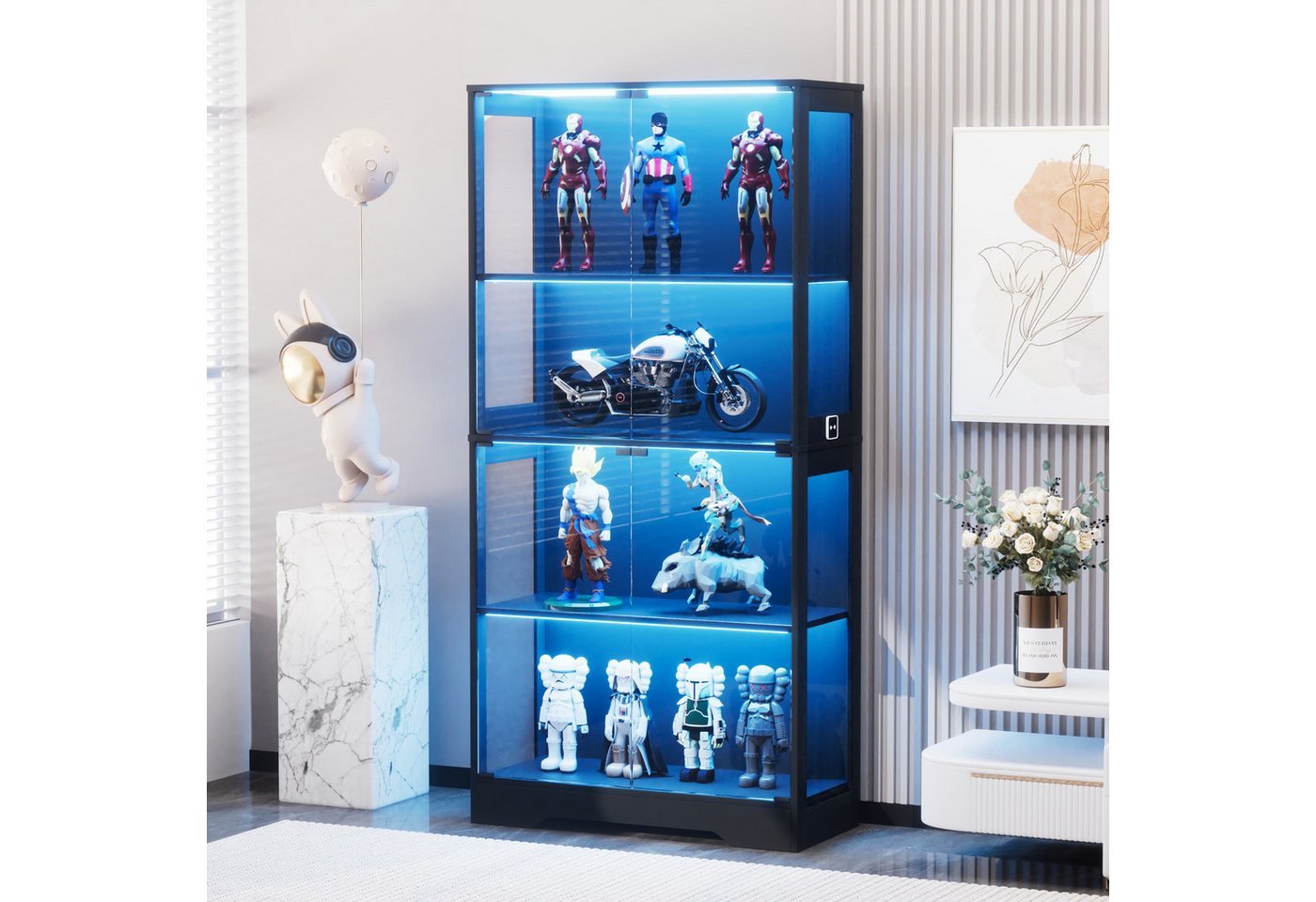 Fanttik Hochschrank Vitrinen mit Intelligente Sensorik und 4-Lagen und LED Beleuchtung (Set, 1er Set) Glasvitrine mit Stauraum, LED-Beleuchtung und intelligenten Sensoren von Fanttik