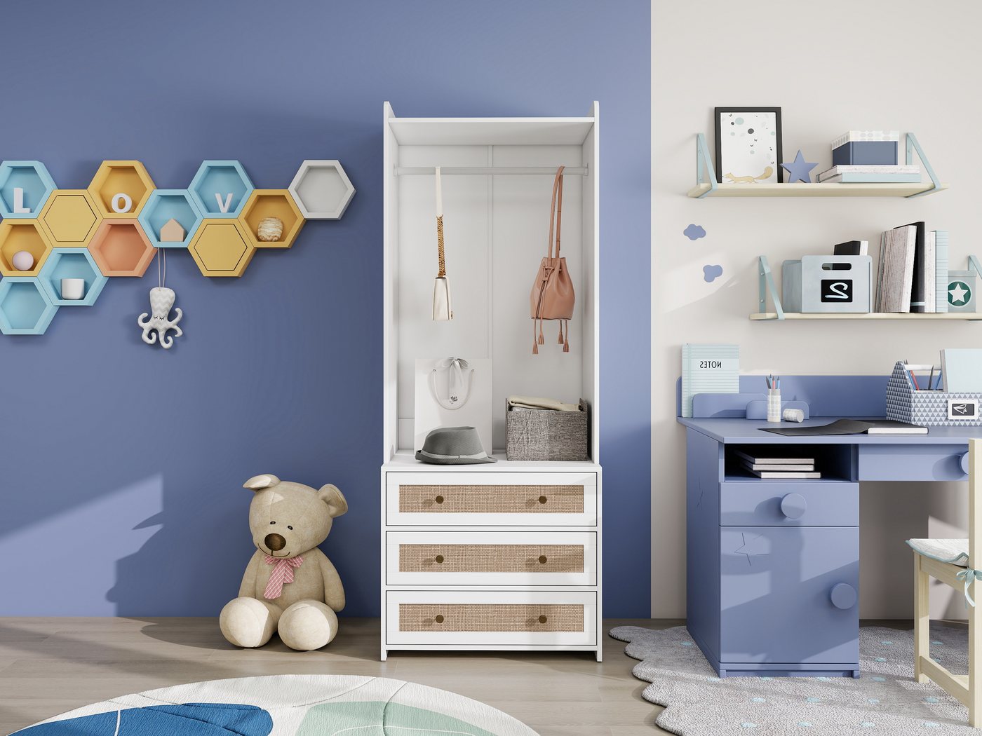 Fanttik Kleiderschrank Kleiderschrank breit mit 3 Schubladen und Kleiderstange (1 Set, 1er Set) von Fanttik