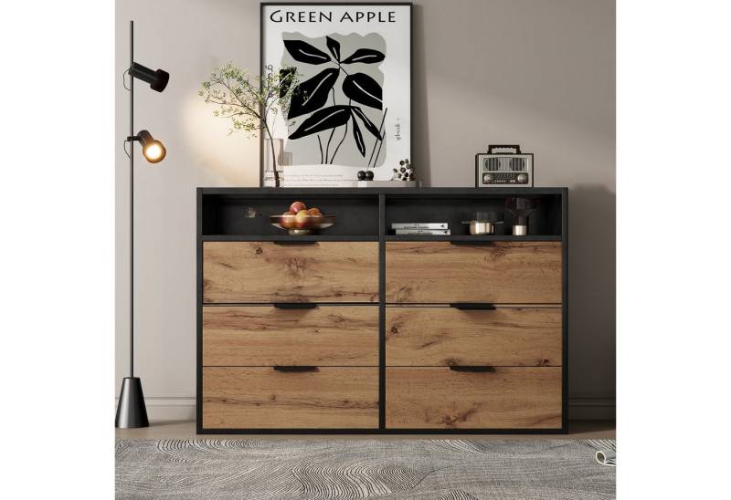 Fanttik Kommode Sideboard aus Bernstein Glas, Sideboard mit Metallgriffen, kippsicher, Mehrzweckschrank mit 6 Schubladen und 2 Fächern, 120 x 40 x 80 cm von Fanttik