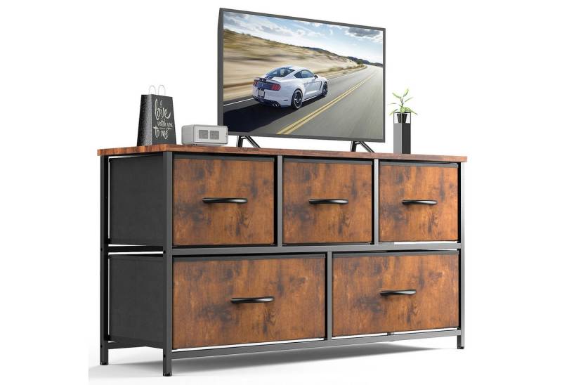 Fanttik Schubkastenkommode Kommode, Stauraumschrank mit 5 Schubladen für Schlafzimmer Wohnzimmer (1 Schrank), Stoffschrank Stoffkommode mit Holzoberfläche Aufbewahrungsschrank von Fanttik