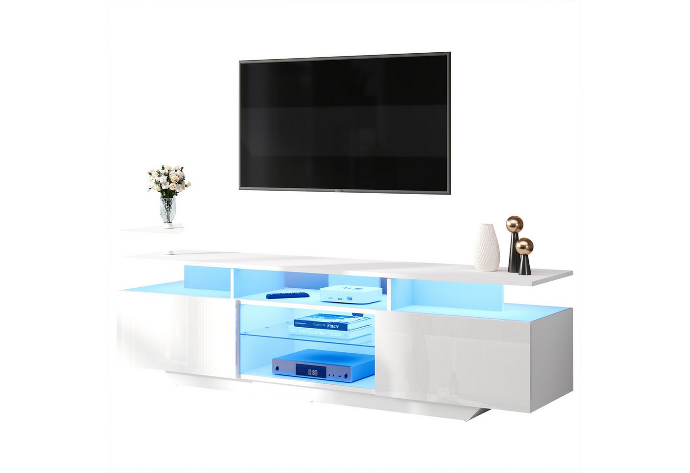 Fanttik Lowboard Modernes griffloses TV-Board, 160 cm TV-Schrank mit 2 Schränken (Set), mit LED-Lichtleiste, Modernes TV-Entertainment-mit 8 Ablageflächen von Fanttik