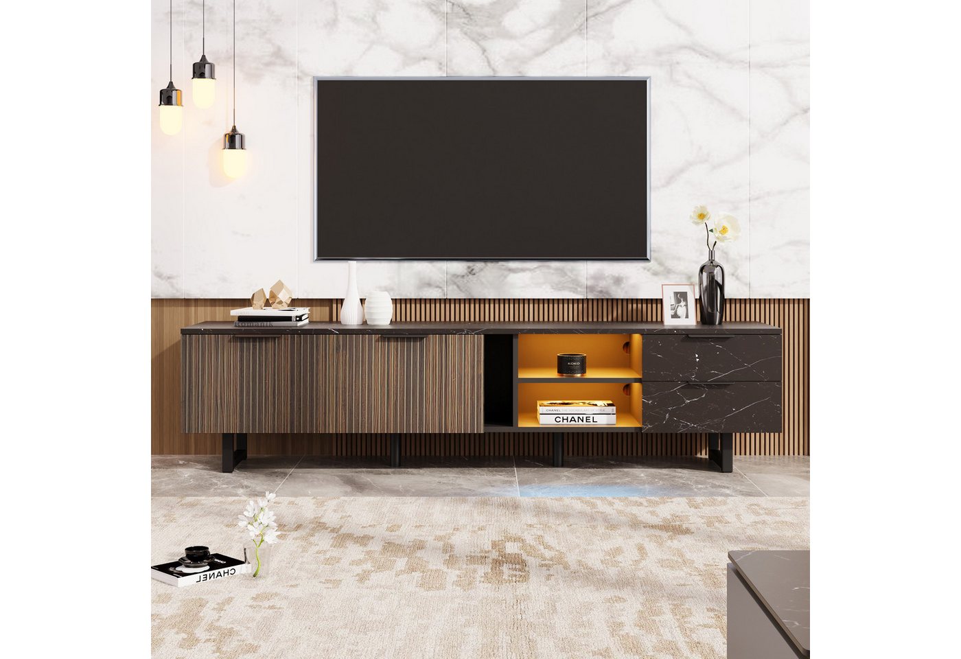 Fanttik Lowboard verstellbarer LED-Beleuchtung, zwei Türen und zwei Schubladen 200cm, TV-Schrank mit schwarzer Marmoroptik, dunklen Holzmasertüren von Fanttik