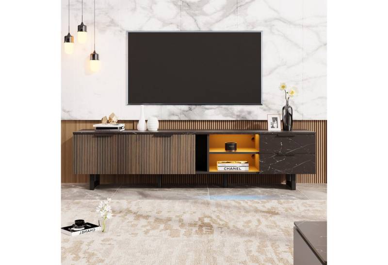 Fanttik Lowboard verstellbarer LED-Beleuchtung, zwei Türen und zwei Schubladen 200cm, TV-Schrank mit schwarzer Marmoroptik, dunklen Holzmasertüren von Fanttik