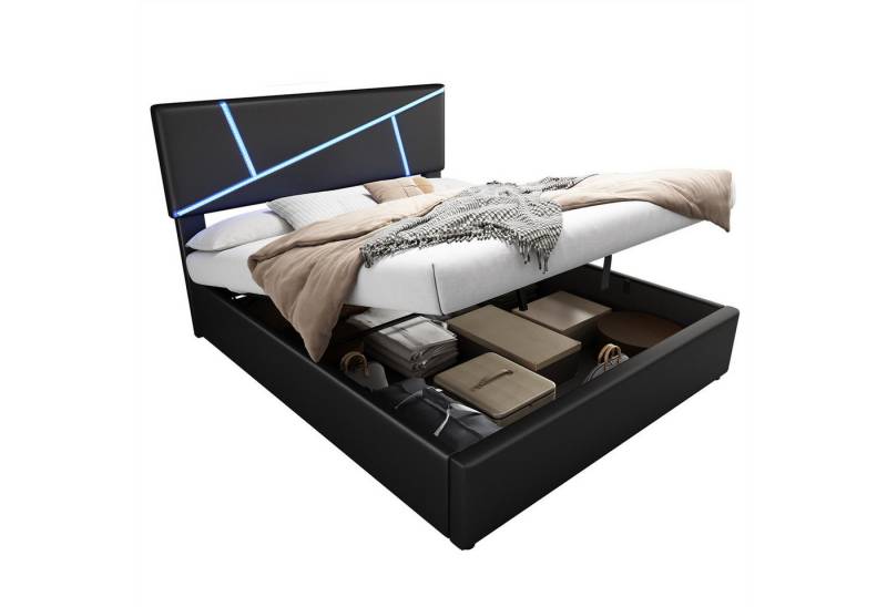 Fanttik Polsterbett Bettgestell mit Lattenrost 90x200cm, 140x200cm, Hydraulisches Funktionsbett Stauraumbett mit LED-Lichtleisten von Fanttik