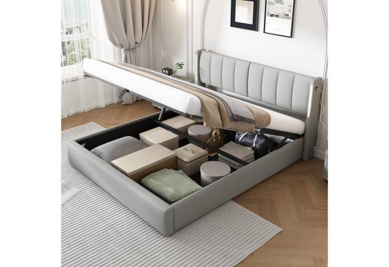 Fanttik Polsterbett Hydraulisches Stauraumbett Doppelbett Funktionsbett, mit Lattenrost USB-Anschluss und LED, Max. Belastbarkeit: 300 kg von Fanttik