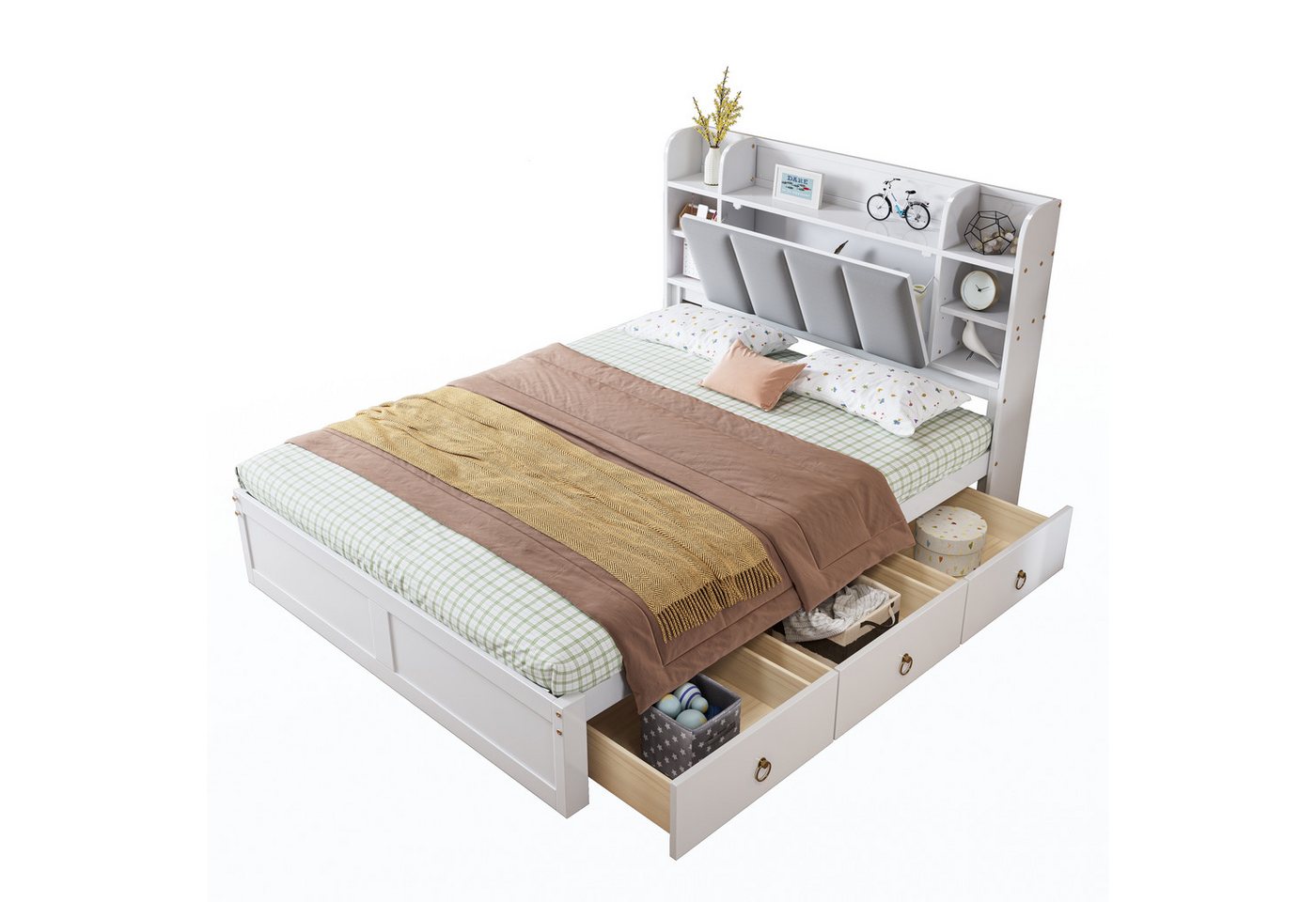 Fanttik Polsterbett Polsterbett Doppelbett, Drei Schubladen mit Rollen, 140x200CM, Hausbett Fanttik Polsterbett Polsterbett Doppelbett, Drei Schubladen mit Rollen, 140x200CM, Hausbett von Fanttik