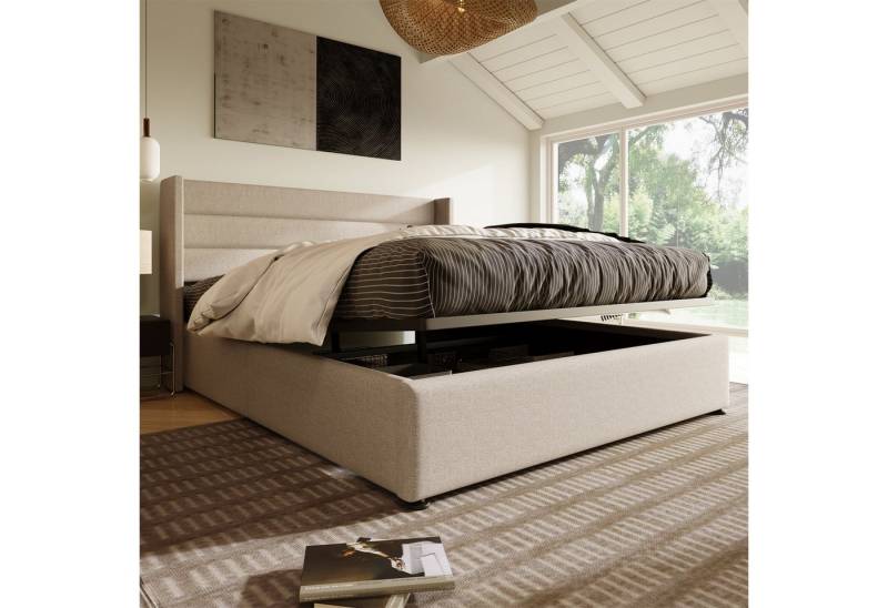 Fanttik Polsterbett Stauraumbett Doppelbett 180x200 cm Leinen, gepolstertes Bettgestell mit Lattenrost aus Holz und Metallrahmen von Fanttik